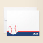 Red Blue Baseball Personalized Flat Card<br><div class="desc">Modern baseball flat note cards. Classic navy blue and red colour combination make this a traditional choice. Makes a great thank you note for a Bar Mitzvah or birthday party.</div>