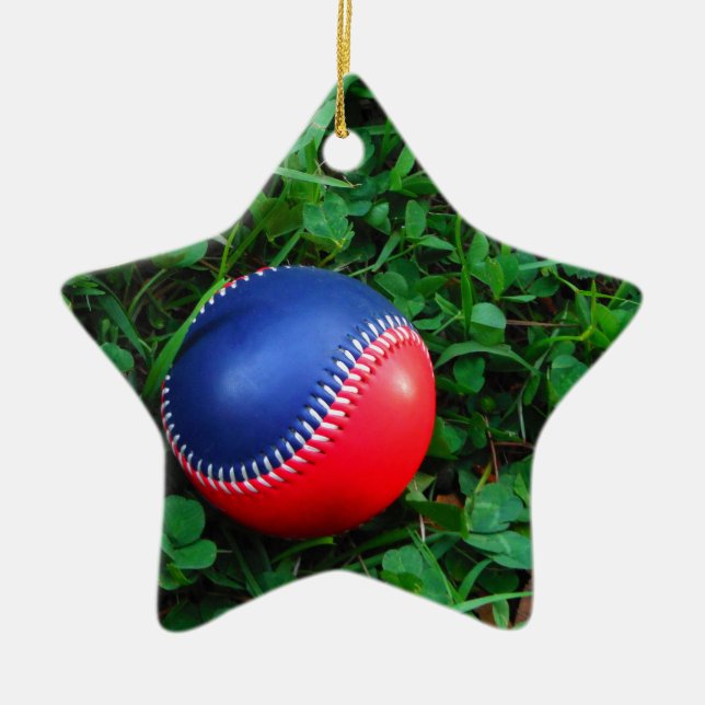 Red & Blue Baseball with White Stitching Ceramic Ornament (Front)