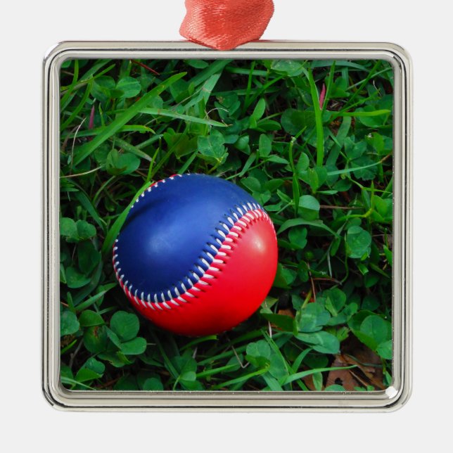 Red & Blue Baseball with White Stitching Metal Ornament (Front)