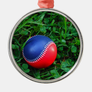 Red & Blue Baseball with White Stitching Metal Ornament