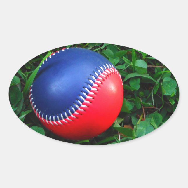 Red & Blue Baseball with White Stitching Oval Sticker (Front)