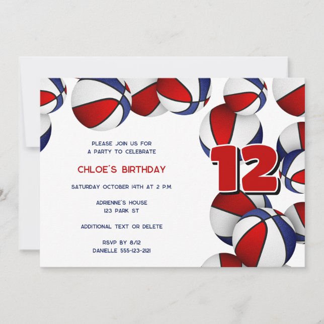 red blue basketballs girls boys birthday party invitation (Front)