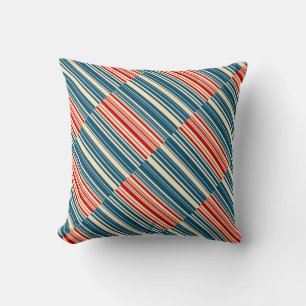 Red Blue Beige Stripes Throw Pillow