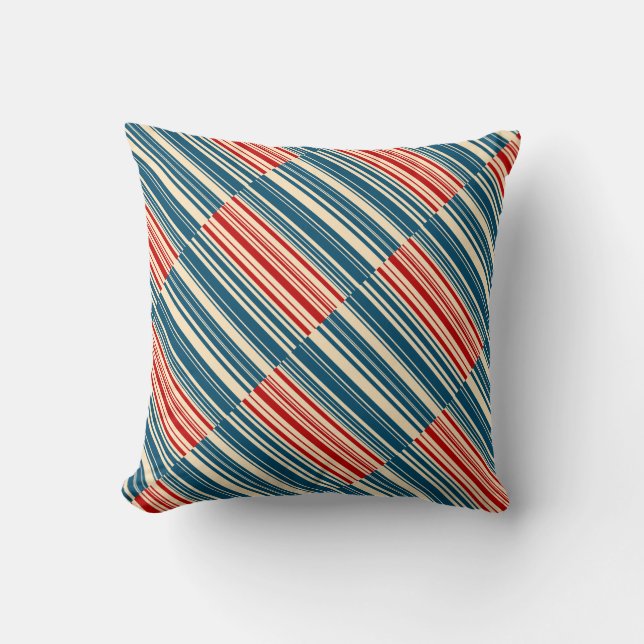 Red Blue Beige Stripes Throw Pillow (Front)