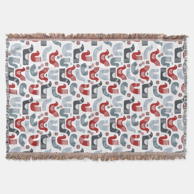 Red Blue Bird Folk Art Pattern Throw Blanket (Front)