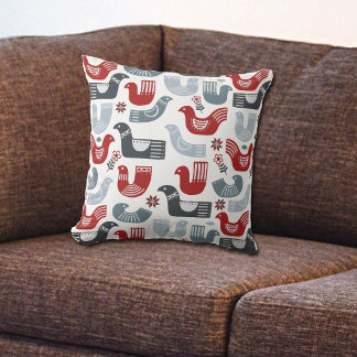 Red Blue Bird Nordic Folk Art Pattern Throw Pillow