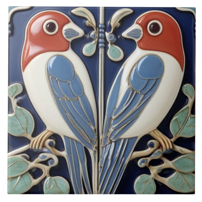 Red Blue Bird Pair - Art Nouveau Art Deco Birds Tile (Front)