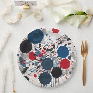 Red Blue Black And Grey Circles And Paint Drips Paper Plate