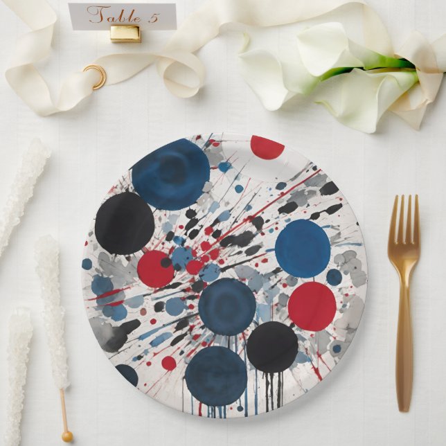 Red Blue Black And Grey Circles And Paint Drips Paper Plate (Wedding)