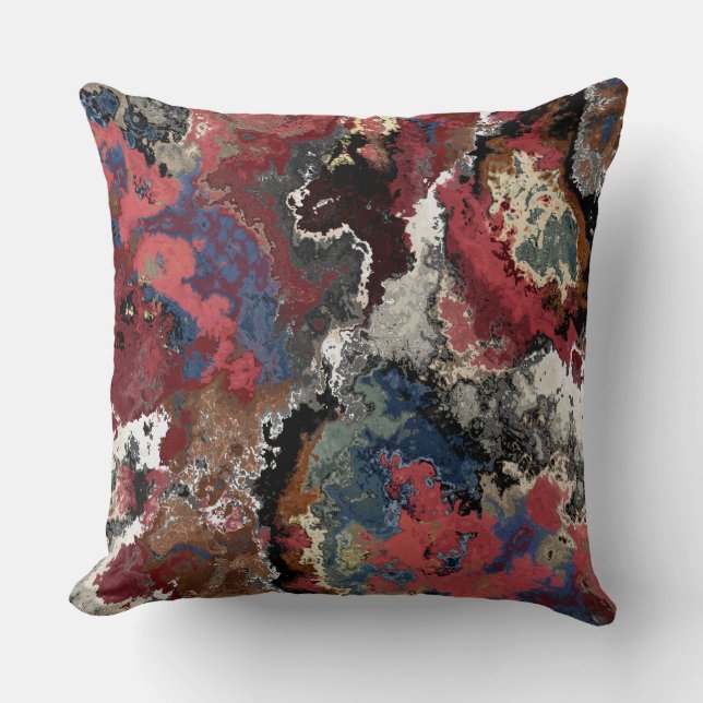 Red, blue, black and white marble abstract throw pillow (Front)