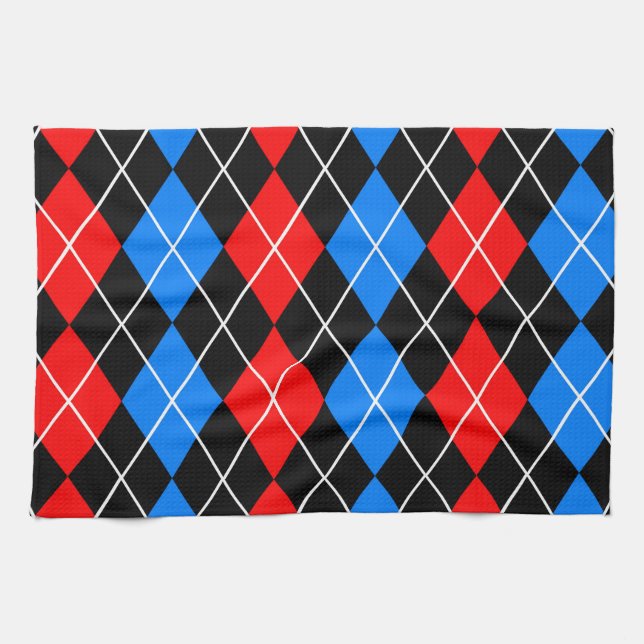 Red Blue Black Argyle Diamond Pattern Design  Kitchen Towel (Horizontal)