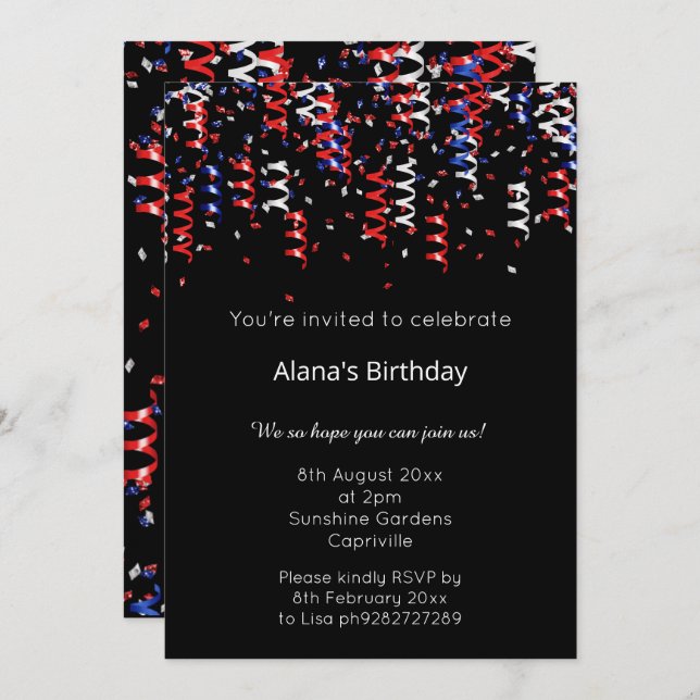RED BLUE BLACK PATRIOTIC RIBBONS BIRTHDAY  INVITATION (Front/Back)