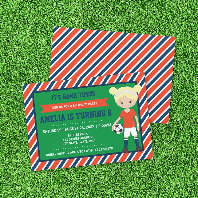 Red Blue Blonde Girl Soccer Invitation Anniversair (Créateur téléchargé)