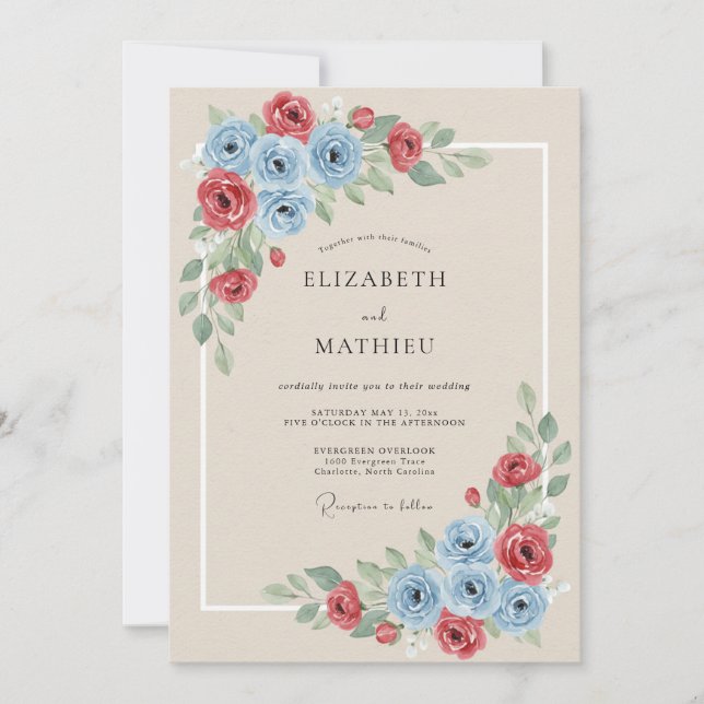 Red Blue Botanical Bloom Wedding Invitation (Front)