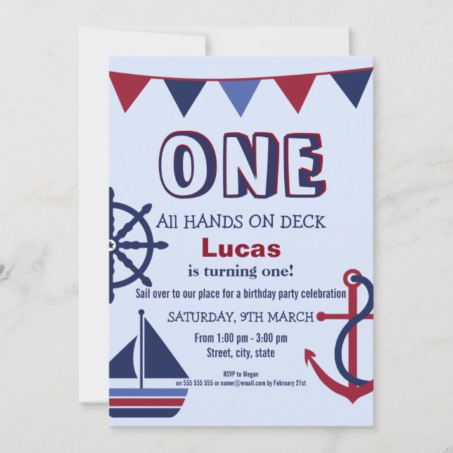 Red & Blue Boys First Birthday Nautical Invite (Front)