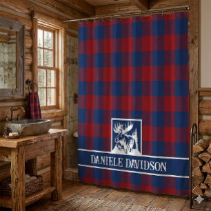 Red Blue Buffalo Plaid Rustic Moose Monogram
