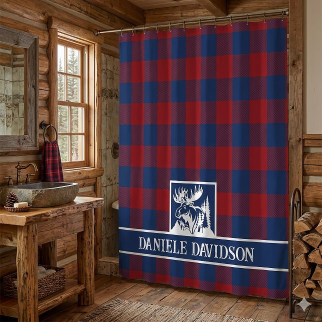 Red Blue Buffalo Plaid Rustic Moose Monogram (Red Blue Buffalo Plaid, Moose logo, White Monogram  Typography)