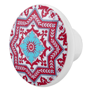Red Blue Ceramic Style Azulejo Vintage Monogram Knob