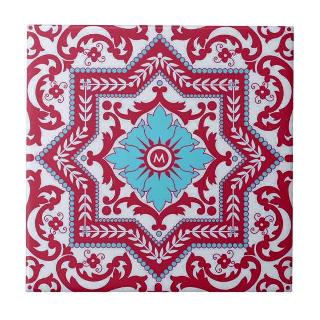 Red Blue Ceramic Style Azulejo Vintage Monogram Tile (Front)