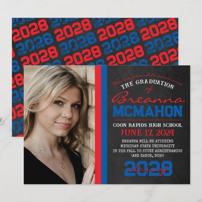 Red & Blue Chalkboard Graduation Announcement (Front/Back)