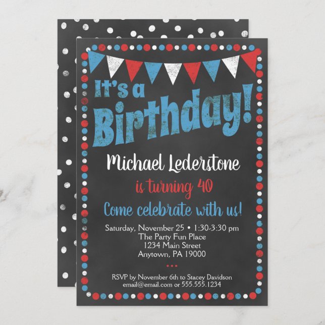 Red Blue Chalkboard Invitation d'anniversaire (Devant / Derrière)