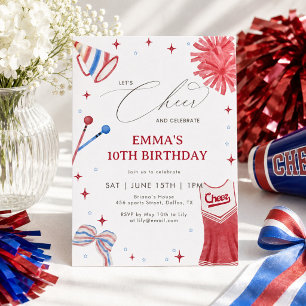 Red Blue Cheerleading Birthday Coquette Bow Girl Invitation