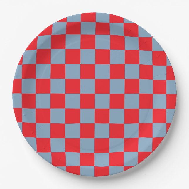 Red Blue Chequered Gingham Pattern Paper Plate (Front)