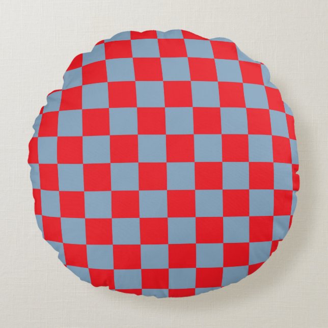 Red Blue Chequered Gingham Pattern Round Pillow (Front)