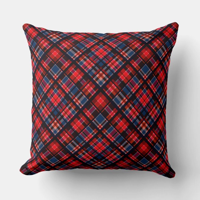 red blue chequered pattern print throw pillow (Front)
