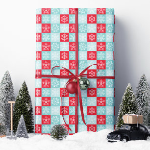 Red Blue Chequered Snowflake Christmas  Wrapping Paper