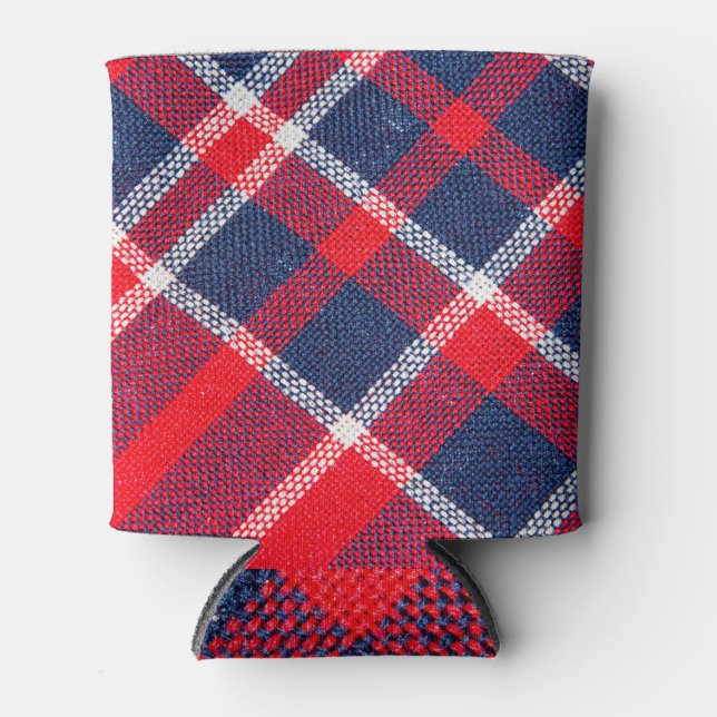 Red-blue chequered woollen texture. can cooler (Front)