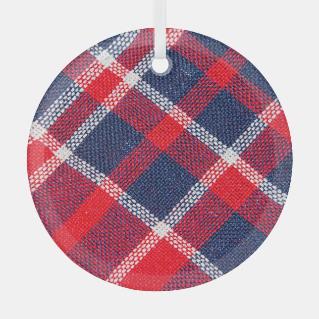 Red-blue chequered woollen texture. glass ornament (Front)