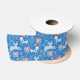 Red blue Christmas reindeer and birds ribbon Satin Ribbon