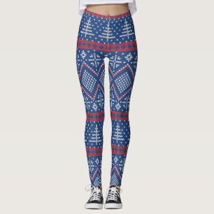 Red Blue Christmas Trees Nordic Sweater Pattern Leggings