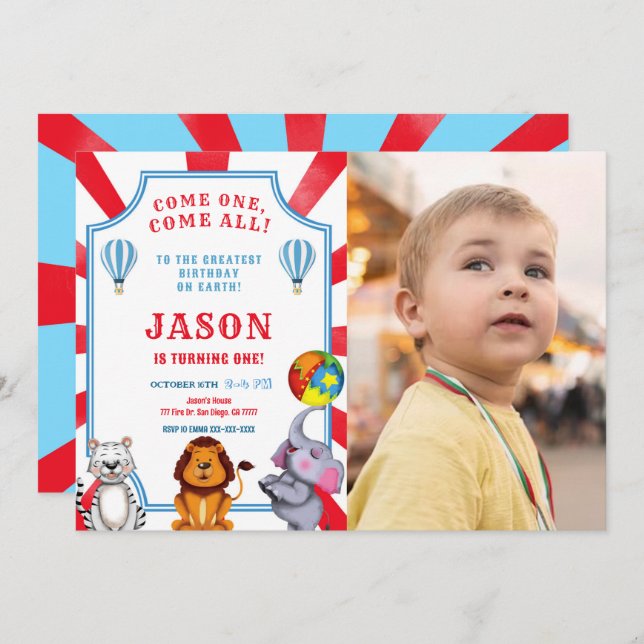 Red & Blue Circus Photo Invitation (Front/Back)