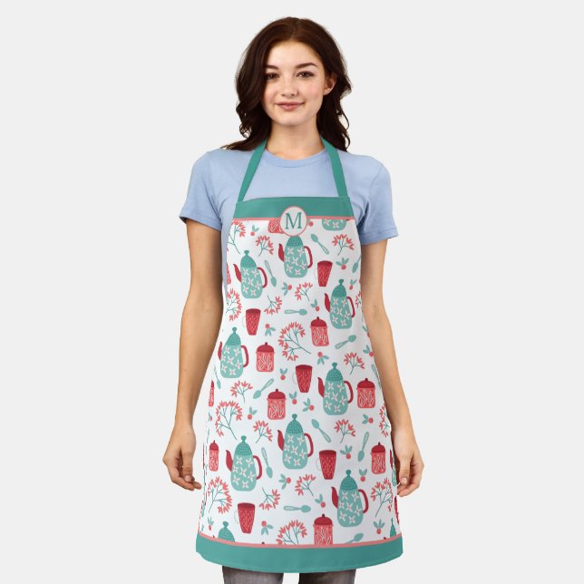 Red Blue Coffee Time Pattern Monogram Apron (Worn)