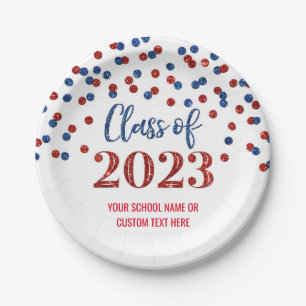 Red Blue Confetti Graduation 2023 Paper Plates