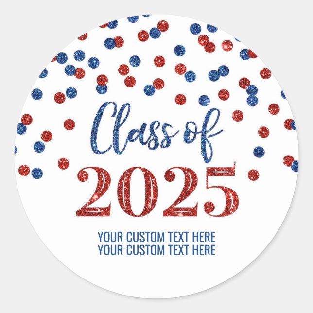 Red Blue Confetti Graduation 2025 Classic Round Sticker (Front)