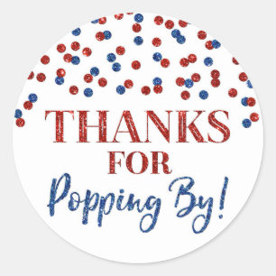 Red Blue Confetti Thanks for Popping By Classic Round Sticker