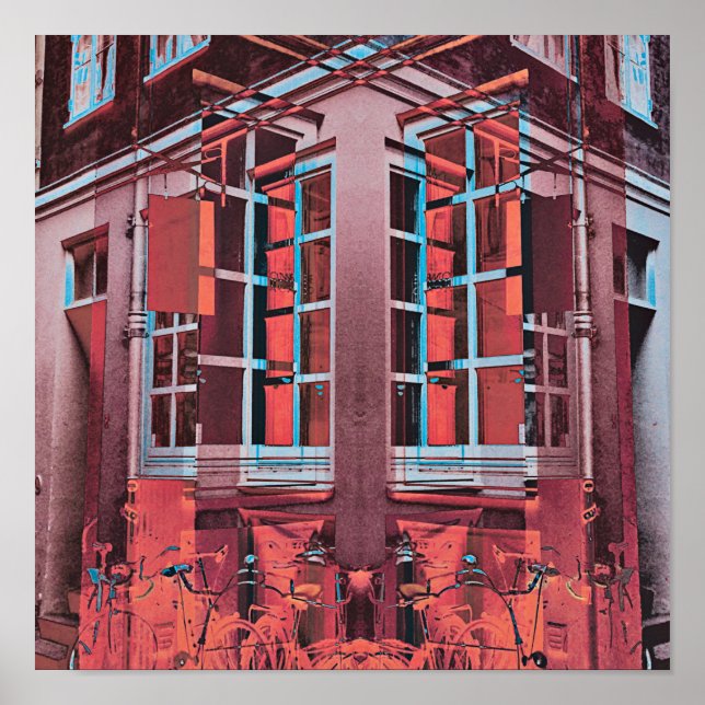 Red blue Copenhagen windows reflection digital art Poster (Front)
