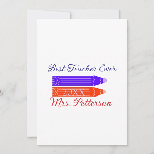 Red blue crayons best teacher ever add year name invitation (Front)