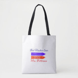 Red blue crayons best teacher ever add year name tote bag