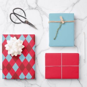 Red Blue & Crimson Christmas Argyle Wrapping Paper Sheet