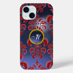 RED BLUE DAMASK GEMSTONE MONOGRAM Floral iPhone 15 Case