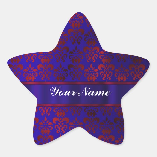 Red & blue damask swirl star sticker (Front)
