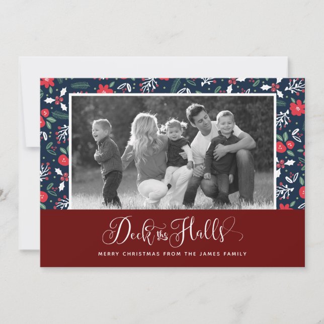 Red Blue Deck The Halls Christmas Photo Cards (Front)