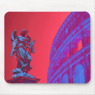 Red, blue digital art of Colosseum and statue Mouse Pad