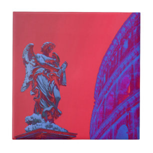Red, blue digital art of Colosseum and statue Tile