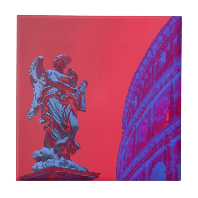 Red, blue digital art of Colosseum and statue Tile (Front)