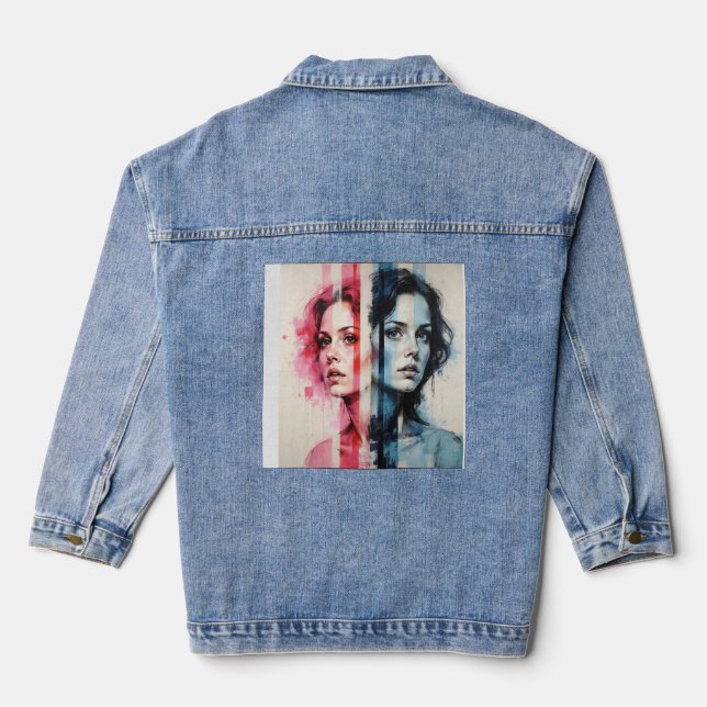 Red & Blue Duality – Twin Portraits in Abstract St Denim Jacket (Back)